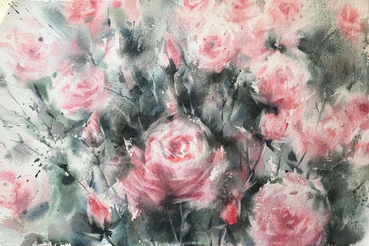 Pink roses. one of a kind, original watercolor by Galina Poloz