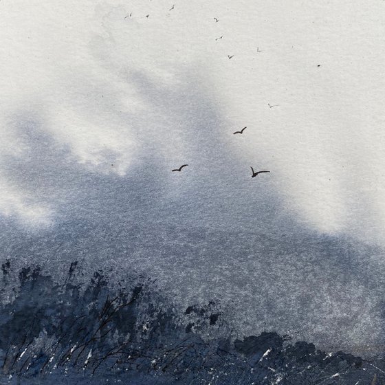 Monochrome - Misty Landscape with birds