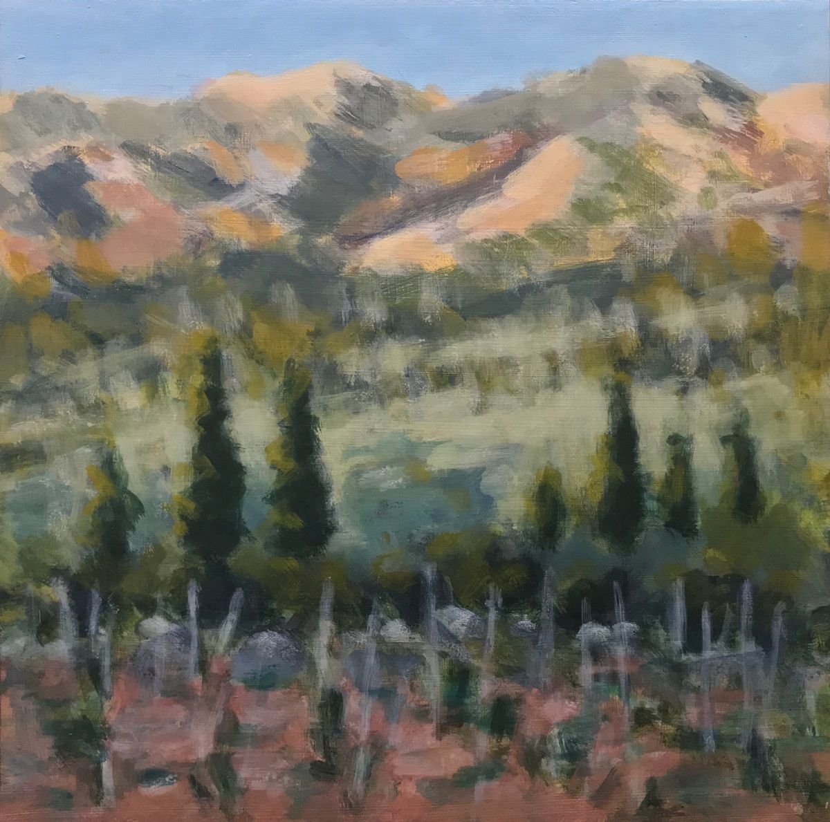 Impressionistic Landscape Acrylic Painting By Hugo Lines, 11 X 11, Mountains Of Crete, Original Artwork