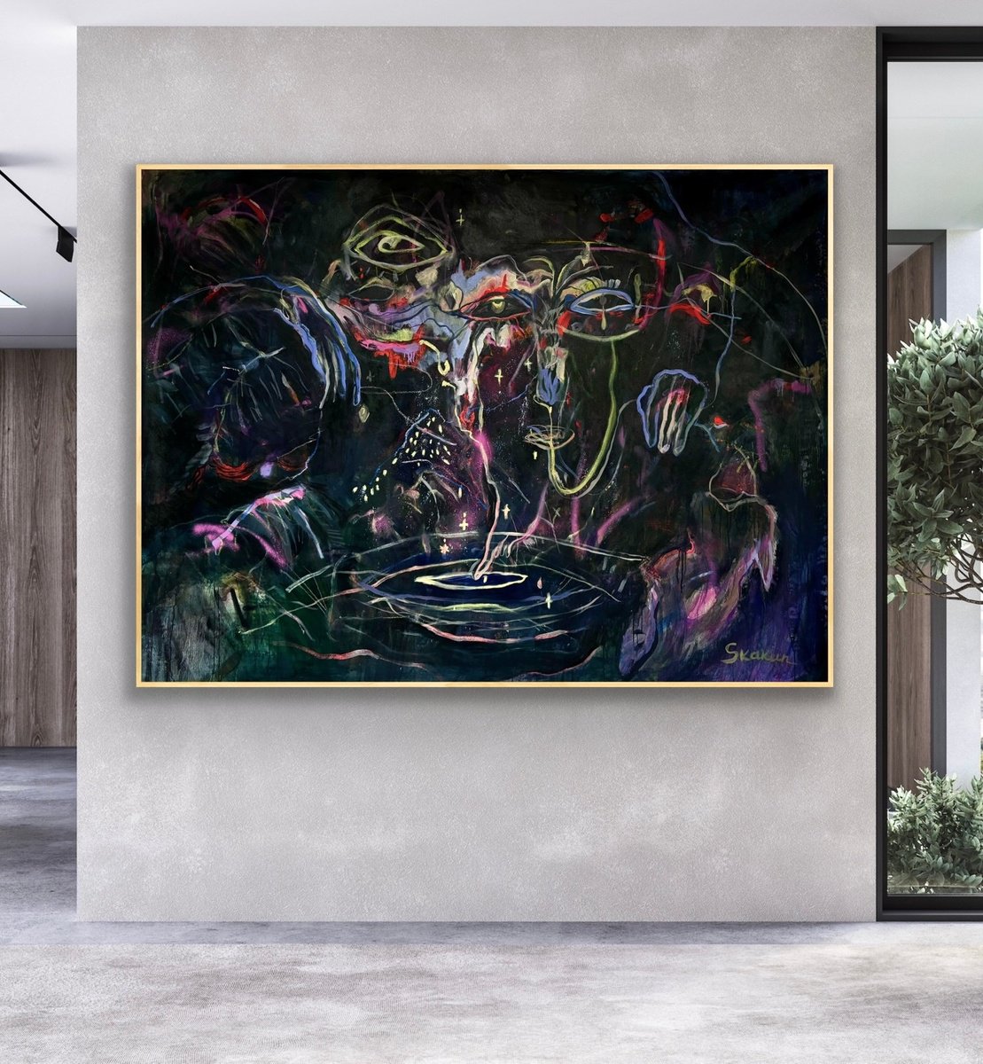 Expressive Abstract Oil Painting By Mari Skakun, 83 X 63", The Dance Of Hidden Shadows, Original Artwork