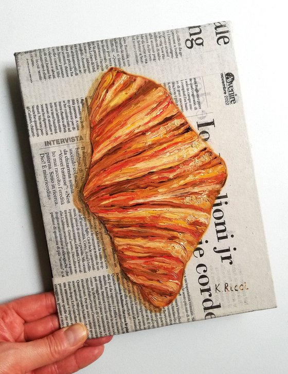 "Croissant on Newspaper " Original Oil on Canvas Board Painting 7 by 10 inches (18x24 cm)