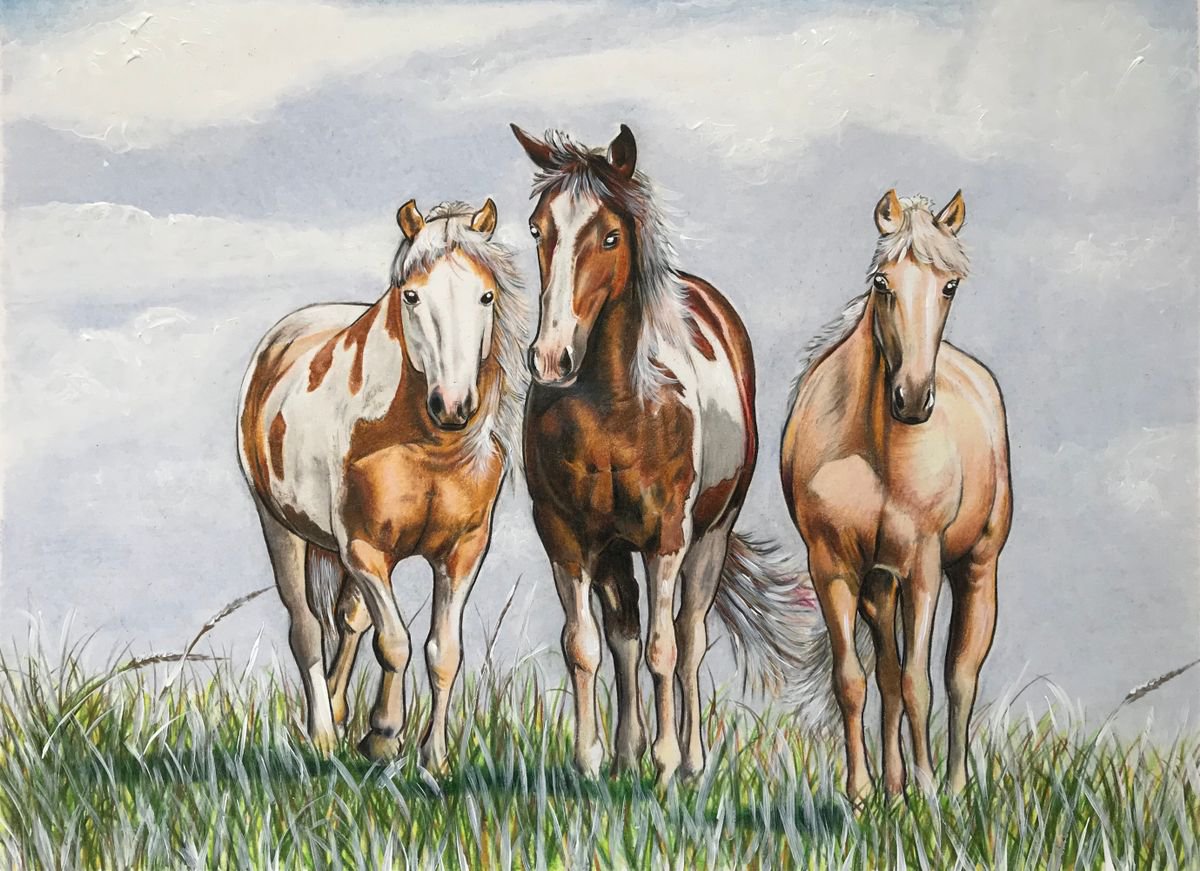 Painting , Three Horses By Karen Elaine Evans, 14 X 11, Artwork For Sale On Artfinder