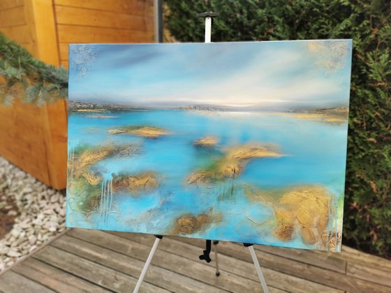 A large abstract beautiful structured mixed media painting of a lake "On the lakeshore"