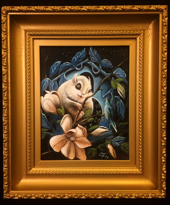 "Ghost of a  little good devil , Magnolia cuckoo " - Original acrylic on canvas 30 x 35 cm framed