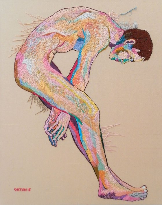 Nude Embroidery Art Hand Stitched Male Nude Standing Original Hand Made Figure Study Nude Art