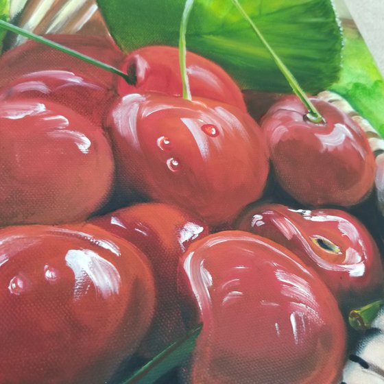 Cherry - Nature's Candy. Original Oil Painting on Canvas. Summer Still life. Summer Berries Room accent. Summer painting.