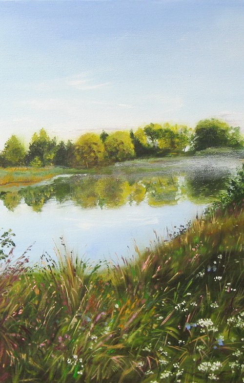 Meadow Landscape Wall Art Original, Hot Summertime Scenery with a River, Fields of Natural Flowers by Natalia Shaykina