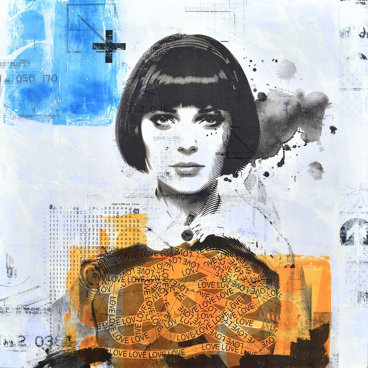 Expressive Portrait Collage By Manel Villalonga, 24 X 24", 270 Tangled Love, Original Artwork