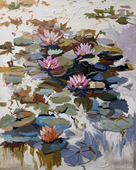 Summer Pond. Pink Water Lilies.