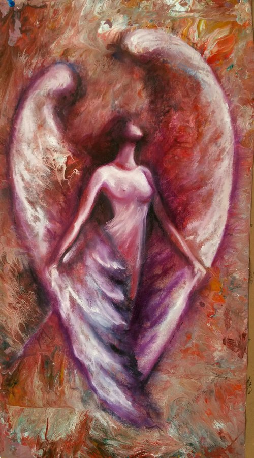 "Angel" Original mixed media  painting on fabric 35x65x1cm. ready to hang by Elena Kraft