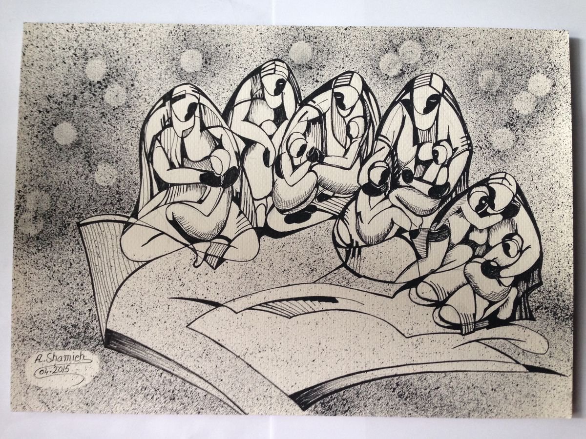 Expressive Portrait Painting By Abdelrahman Shamieh, 17 X 12, Emigrants 3, Original Artwork