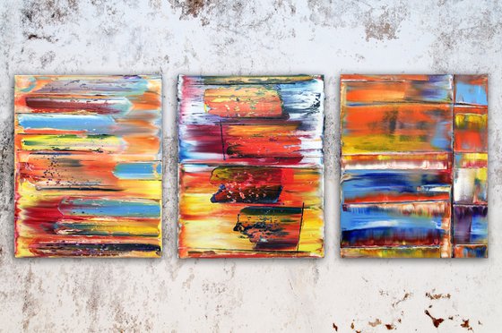 "Make Us" - FREE USA SHIPPING - Original PMS Abstract Triptych Oil Paintings On Canvas - 48" x 20"