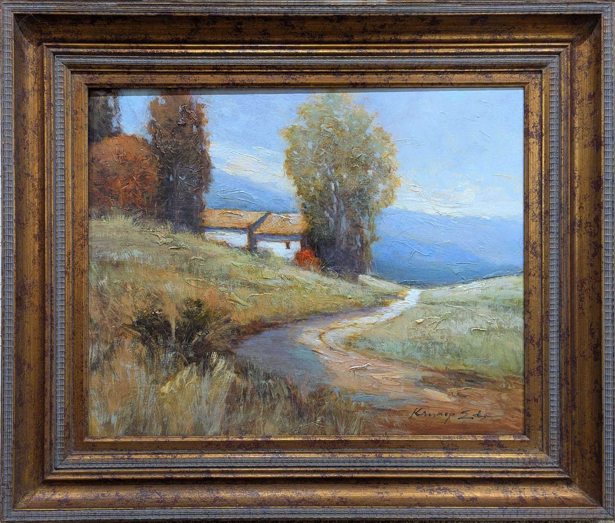 Impressionistic Landscape Acrylic Painting By Kanayo Ede, 41 X 35", Mountain Village, Original Artwork