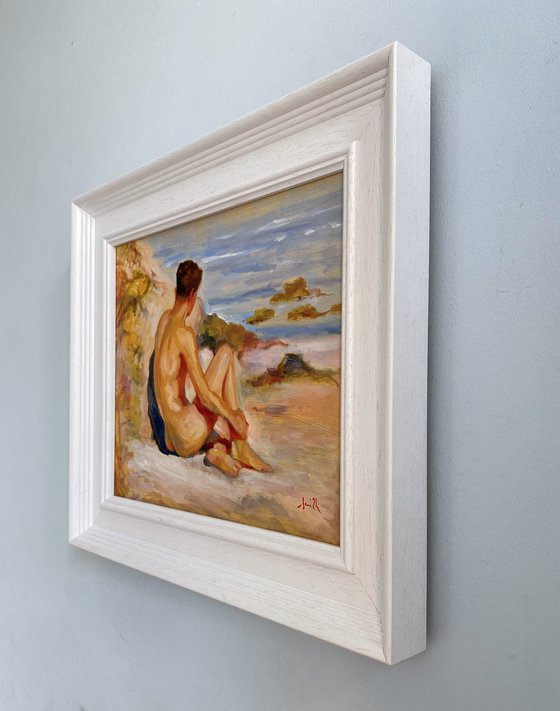 Impressionist style Male nude figure oil painting, with wooden frame.