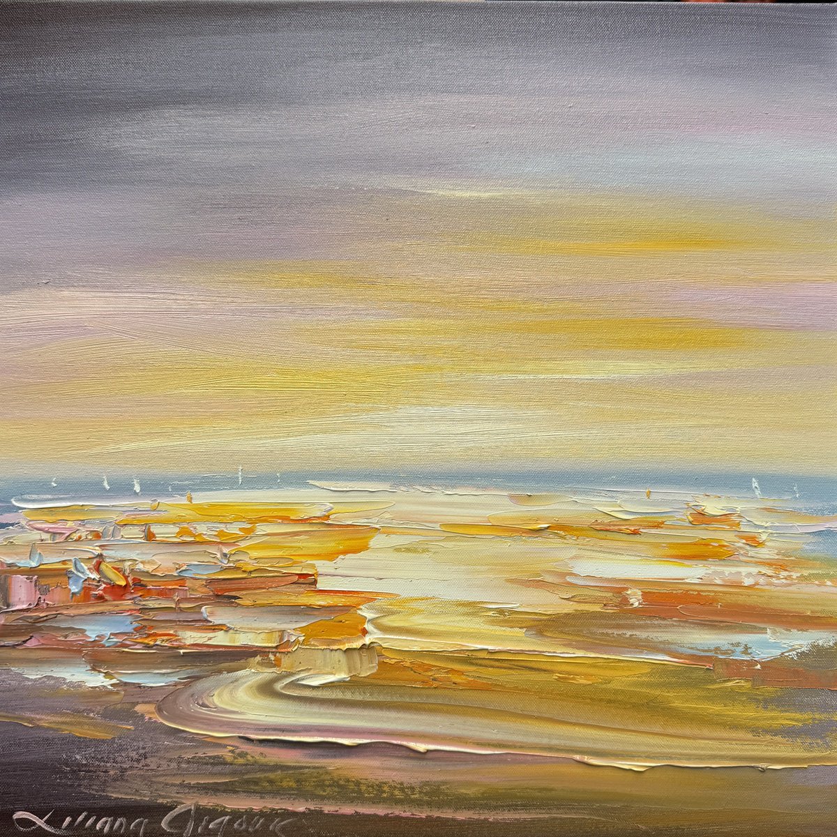Impressionistic Landscape Oil Painting By Liliana Gigovic, 20 X 20", Golden Sunrise No 8, Original Artwork