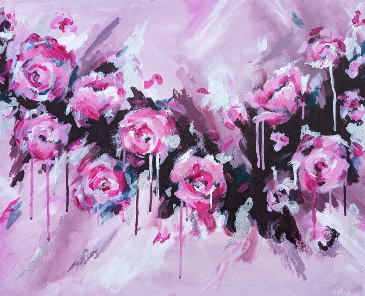 Abstract Botanical Acrylic Painting By Judy Century, 22 X 18", Love & Roses, Original Artwork