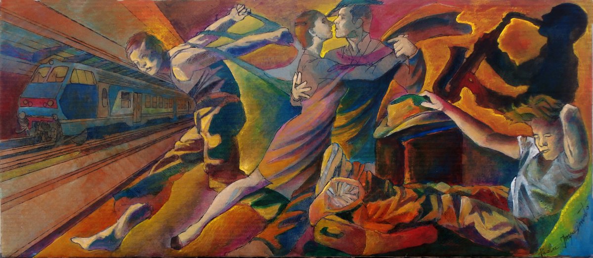 Expressive Portrait Acrylic Painting By Paola Imposimato, 19 X 8", Travelers, Original Artwork