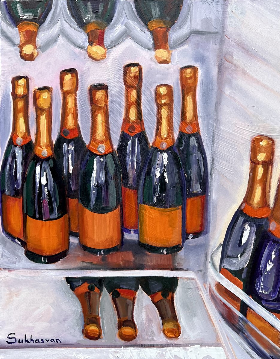 Impressionistic Still Life Oil Painting By Victoria Sukhasyan, 11 X 14", Still Life With Champagne Bottles, Original Artwork