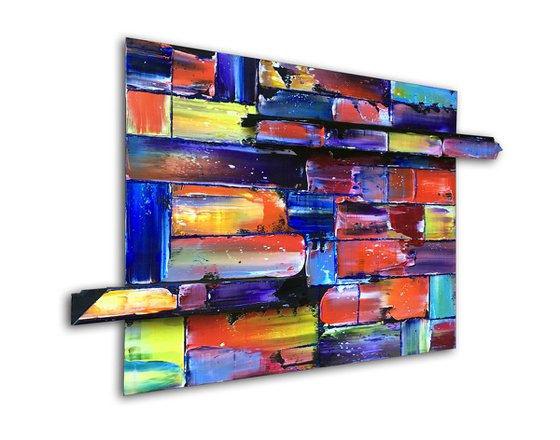 "The Pixel Variations" - FREE USA SHIPPING - Original Triptych PMS Mixed Media Sculptural Paintings On Wood, Framed -  65 x 26 inches