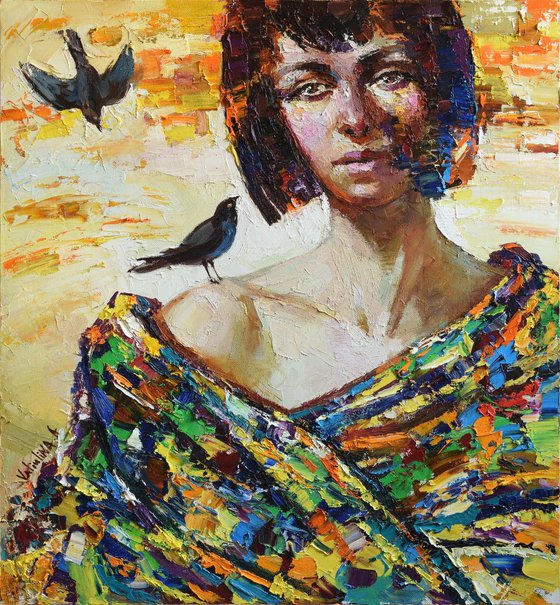 Girl with birds portrait painting, Original oil painting