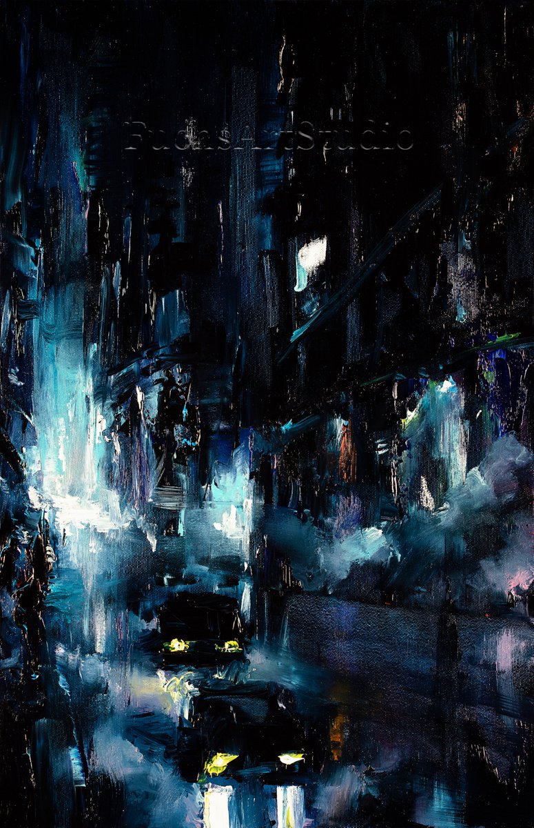 City night art painting urban black and blue by Bozhena Fuchs