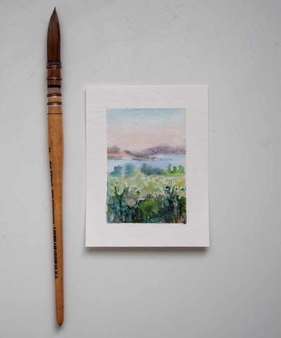Landscape miniature watercolor painting, mountains field tiny original art