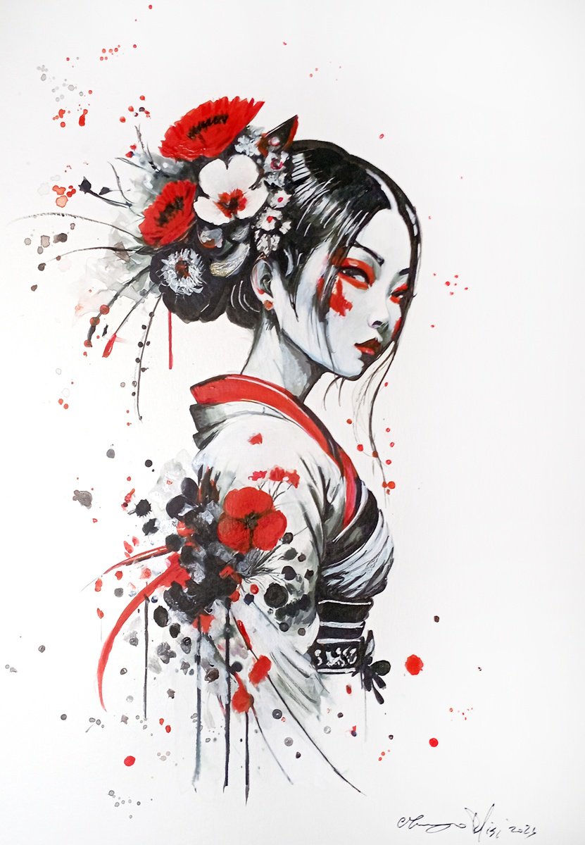 Impressionistic Portrait Ink Drawing By Maurizio Puglisi, 8 X 11", Hibiscus, Original Artwork