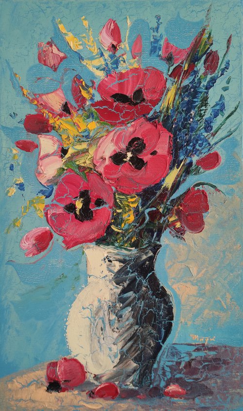 Field flowers with blue background (30x50cm, oil painting,  ready to hang) by Hayk Miqayelyan
