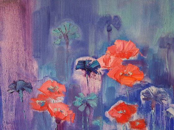 Poppies on blue