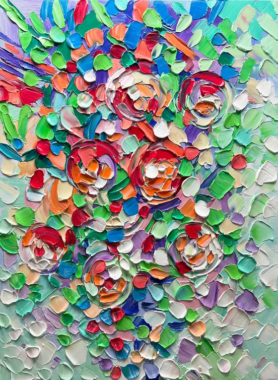 Roots of Love - 3D Textured Abstract Flowers Painting on Canvas, Original Green Red Blue Nature Textured Tree Painting - SIZE: 24 X 32 INCHES (60 X 80 CM)