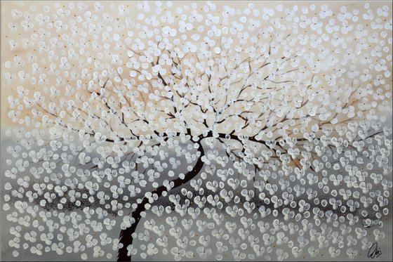 Flying White II  acrylic abstract painting cherry blossoms nature painting , stretched canvas wall art