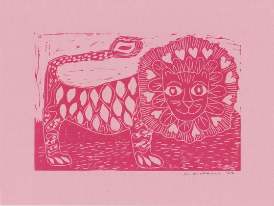 Happy Pink  Lion - Lino Print