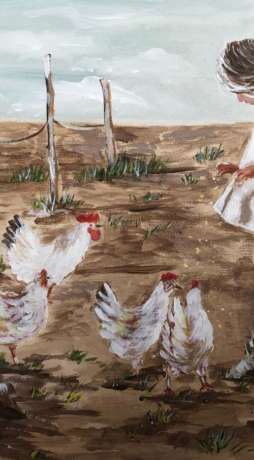 Girl feeding chickens by Inna Montano