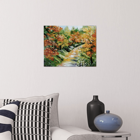 Autumn road, original landscape with trees, oil painting, Gift, bedroom art