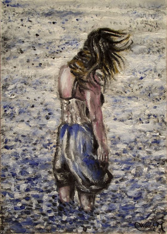 RAINY LAKE GIRL IN MEDITATION - Thick oil painting - 29.5x42 cm