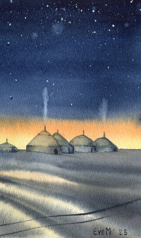 Nomads. Winter landscape with yurts and starry sky. Original watercolor.