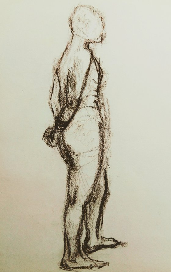 Nude. Abstract men. Drawing with a brown pencil on paper