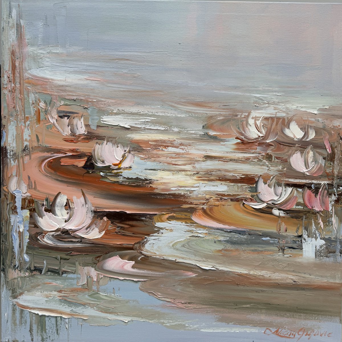 Impressionistic Botanical Oil Painting By Liliana Gigovic, 24 X 24", Water Lilies No 174, Original Artwork