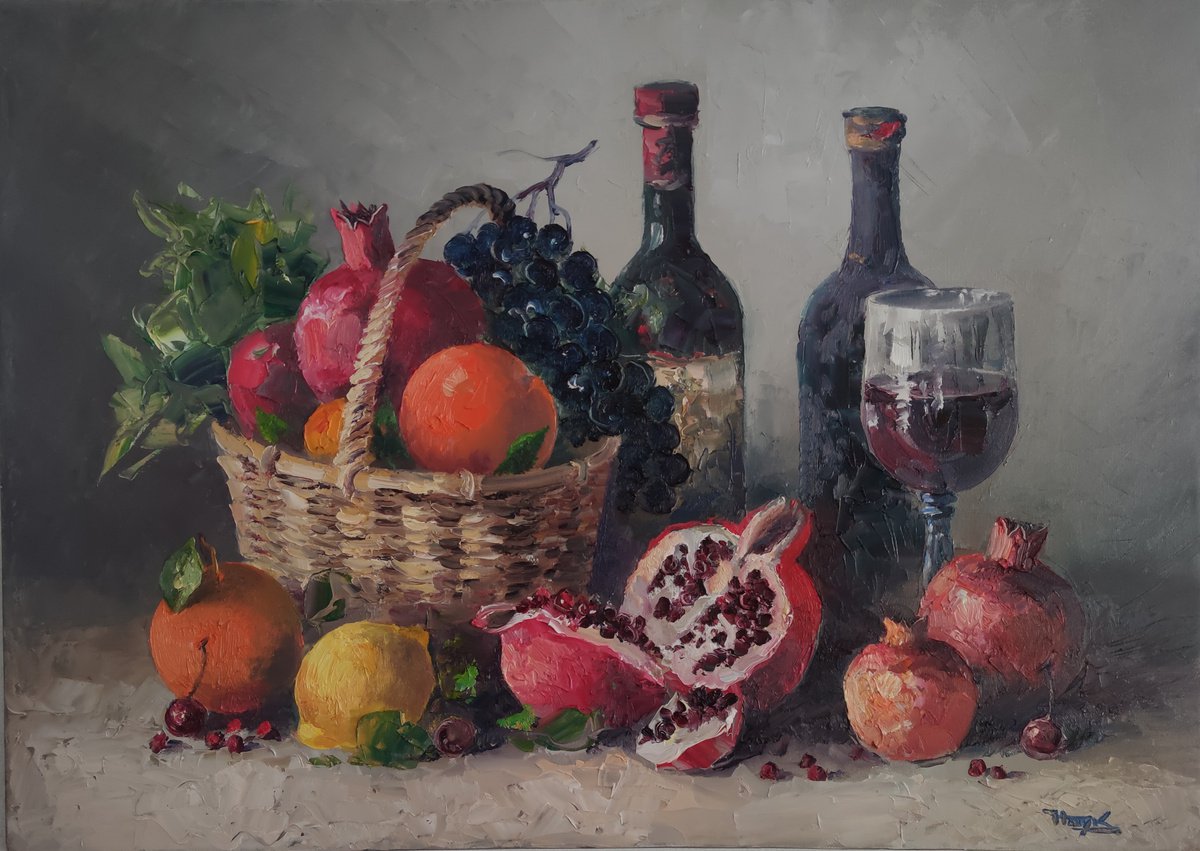 Impressionistic Still Life Oil Painting By Hayk Miqayelyan, 28 X 20, Still Life Fruits And Wine, Original Artwork