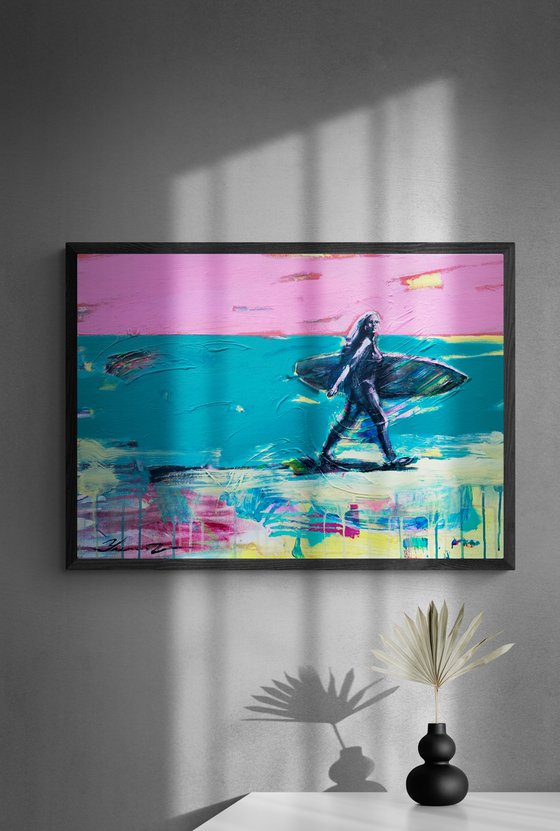 Bright painting - "Miami Beach" - Girl - Pop Art - Urban - Surfing - California