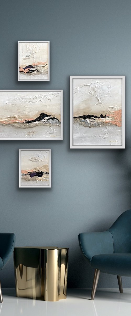 Poetic Landscape II- Peach , White, Black - Composition 5 paintings framed - Wall Art Ready to hang by Daniela Pasqualini