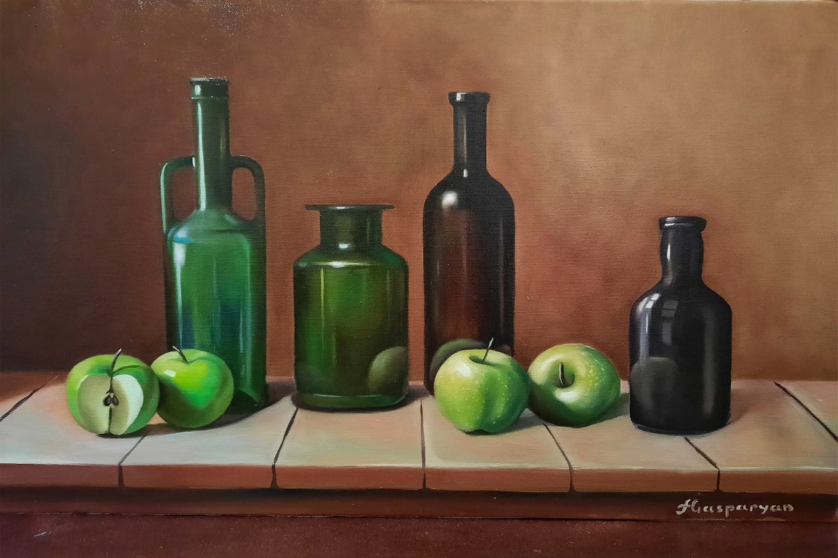 Photorealistic Still Life Oil Painting By Ara Gasparian, 24 X 16, Still Life Apples And Bottle, Original Artwork