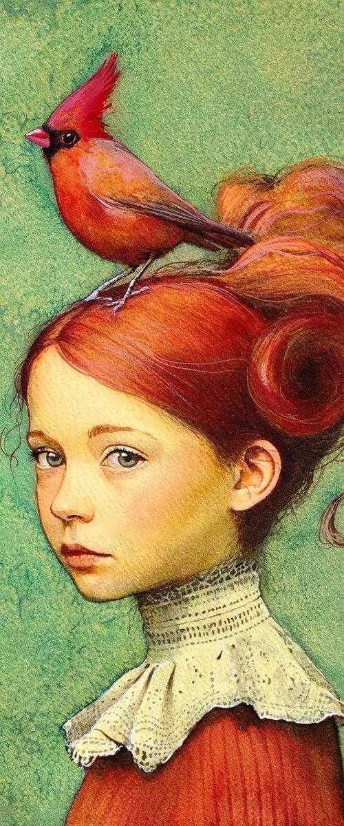 Girl with red cardinal by REME Jr.