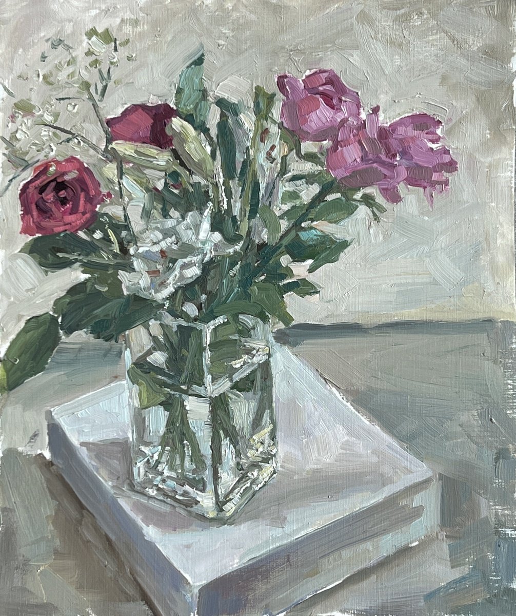 Impressionistic Botanical Oil Painting By Louise Gillard, 10 X 12", Roses In A Vase, Original Artwork