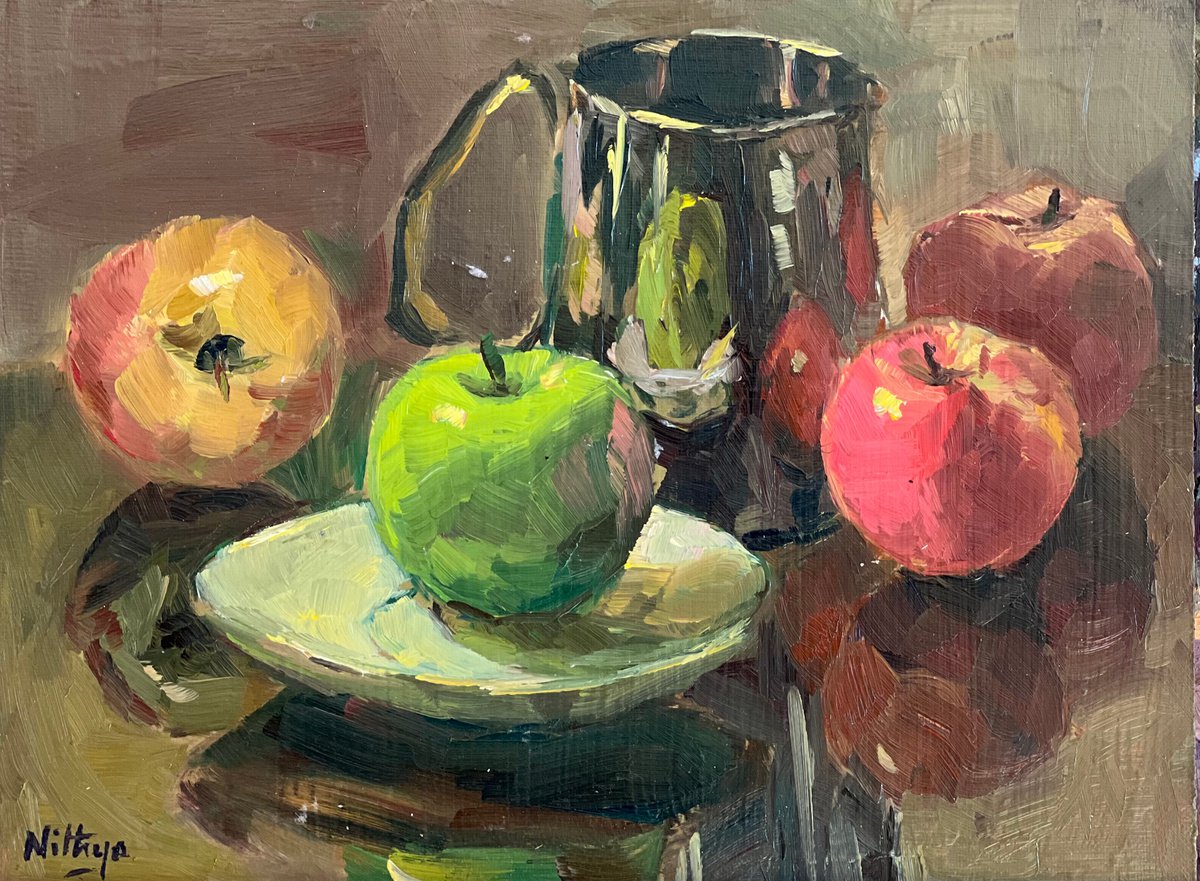 An Apple a Day Series - 16 - vibrant oil painting kitchen decor by Nithya Swaminathan