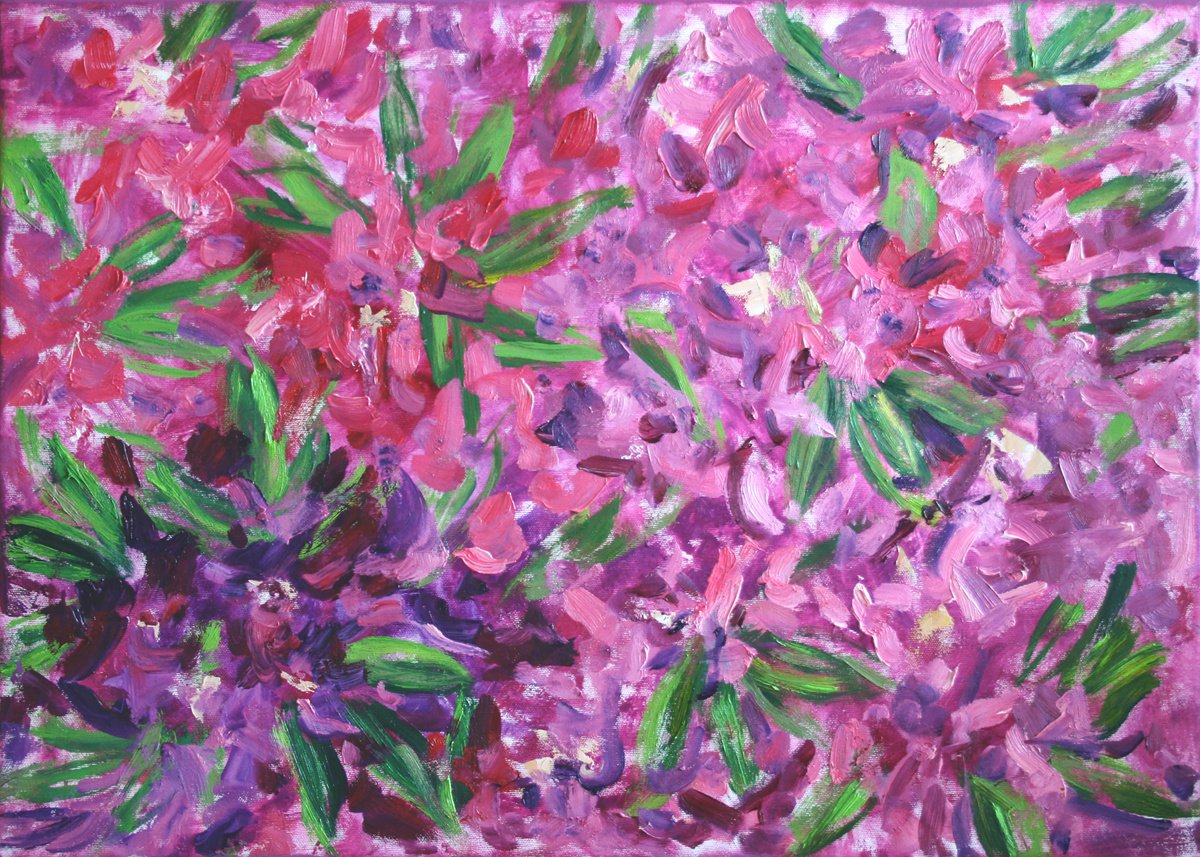 Abstract Botanical Oil Painting By Salana Art / Svetlana Samovarova, 28 X 20", Bloom Rhododendrons, Original Artwork