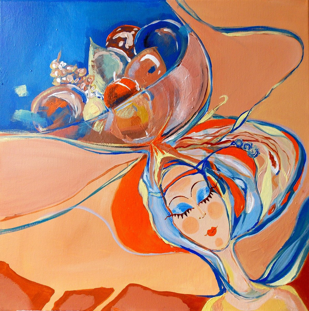 Impressionistic Portrait Acrylic Painting By Maria Paunova, 20 X 20", Girl With Fruit, Original Artwork