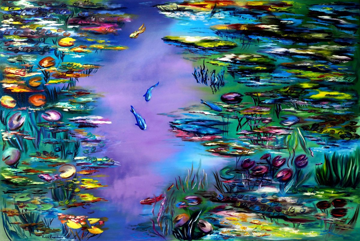 Impressionistic Landscape Oil Painting By Ruslana Levandovska, 60 X 40", Pond Of Peacefulness, Original Artwork
