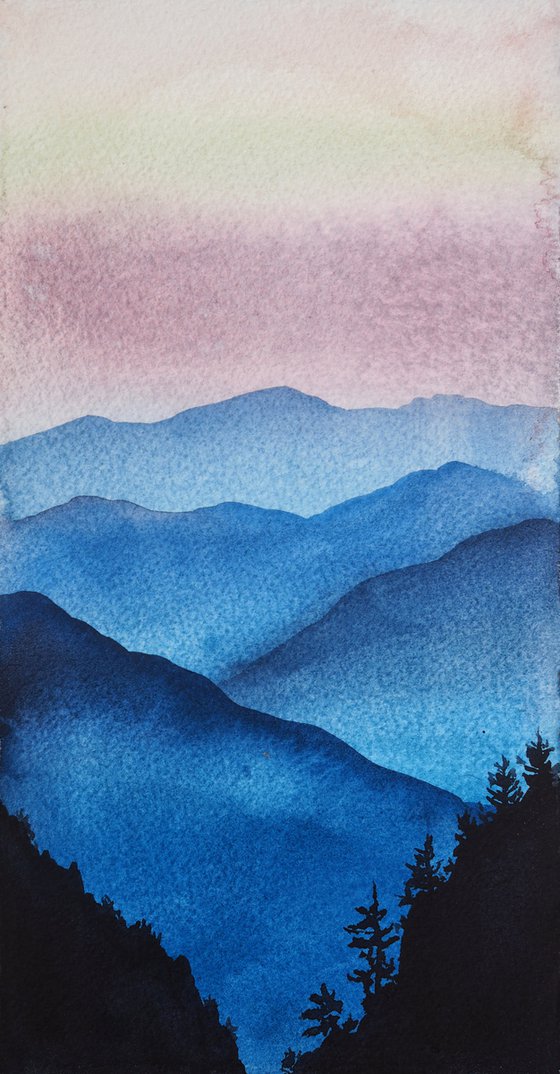 Sunrise in the mountains II - original watercolor artwork