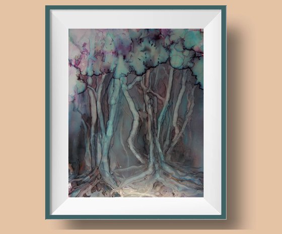 Misty forest. Alcohol Ink abstract painting.